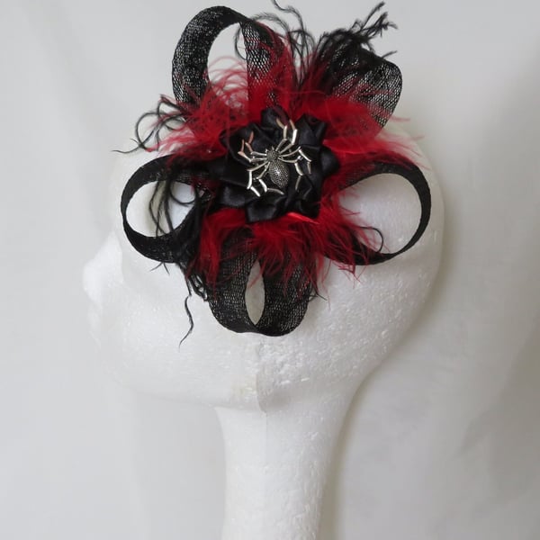 Black and Scarlet Red Spider Clip - Sinamay Loop Feather Gothic Spooky