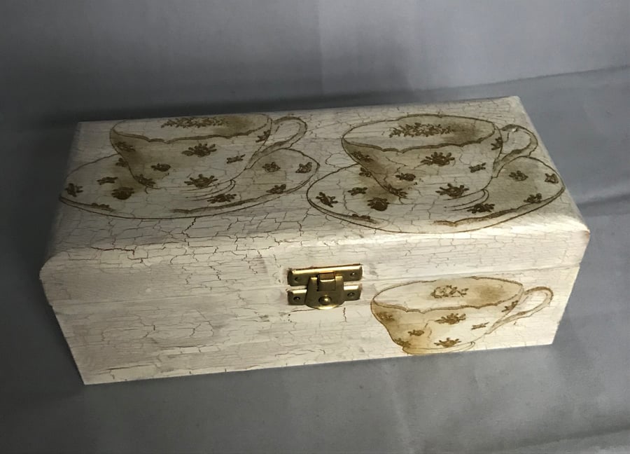 Decorated Tea Box 3 Section Gold White Crackle Cups & Saucers Time for Tea Wood