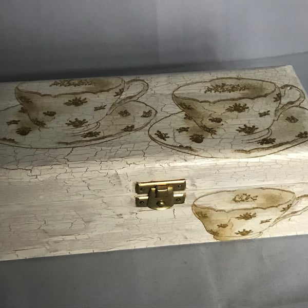 Decorated Tea Box 3 Section Gold White Crackle Cups & Saucers Time for Tea Wood