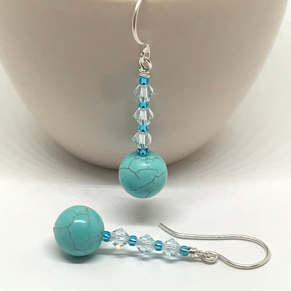 Turquoise Earrings, Sterling Silver, Aqua Crystals