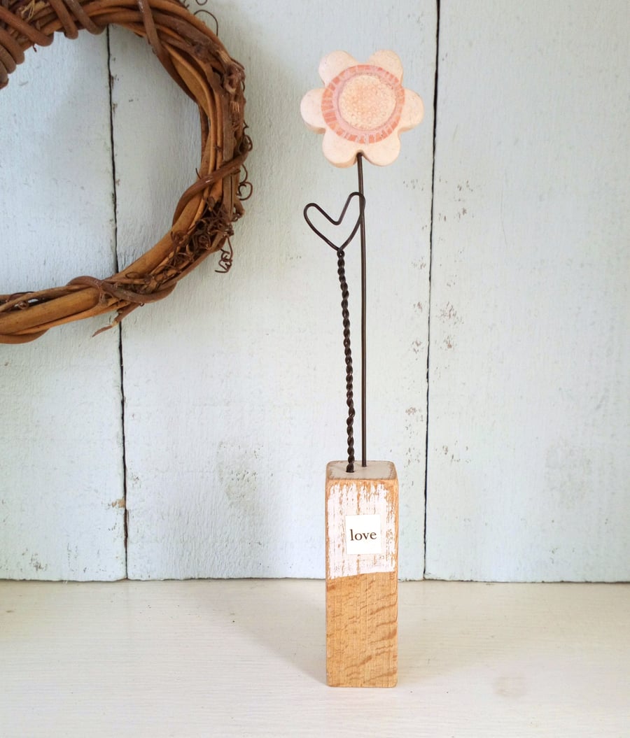 SALE - Clay Flower with wire love heart on a Wooden Block 