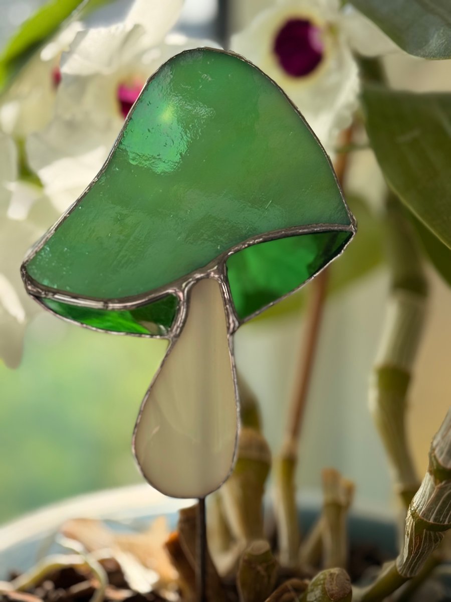 Stained glass staked mushroom - Irridescent green