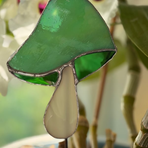 Stained glass staked mushroom - Irridescent green