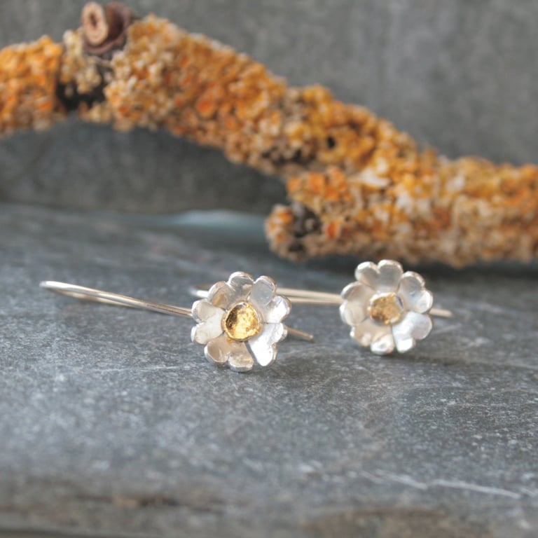 Silver primrose earrings, long silver earrings, silver botanical earrings