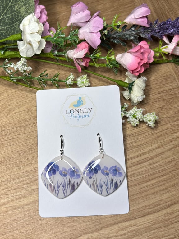 Blue Floral Dangle Polymer Clay Earrings - Lightweight Handmade Earrings 