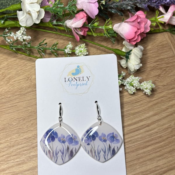 Blue Floral Dangle Polymer Clay Earrings - Lightweight Handmade Earrings 