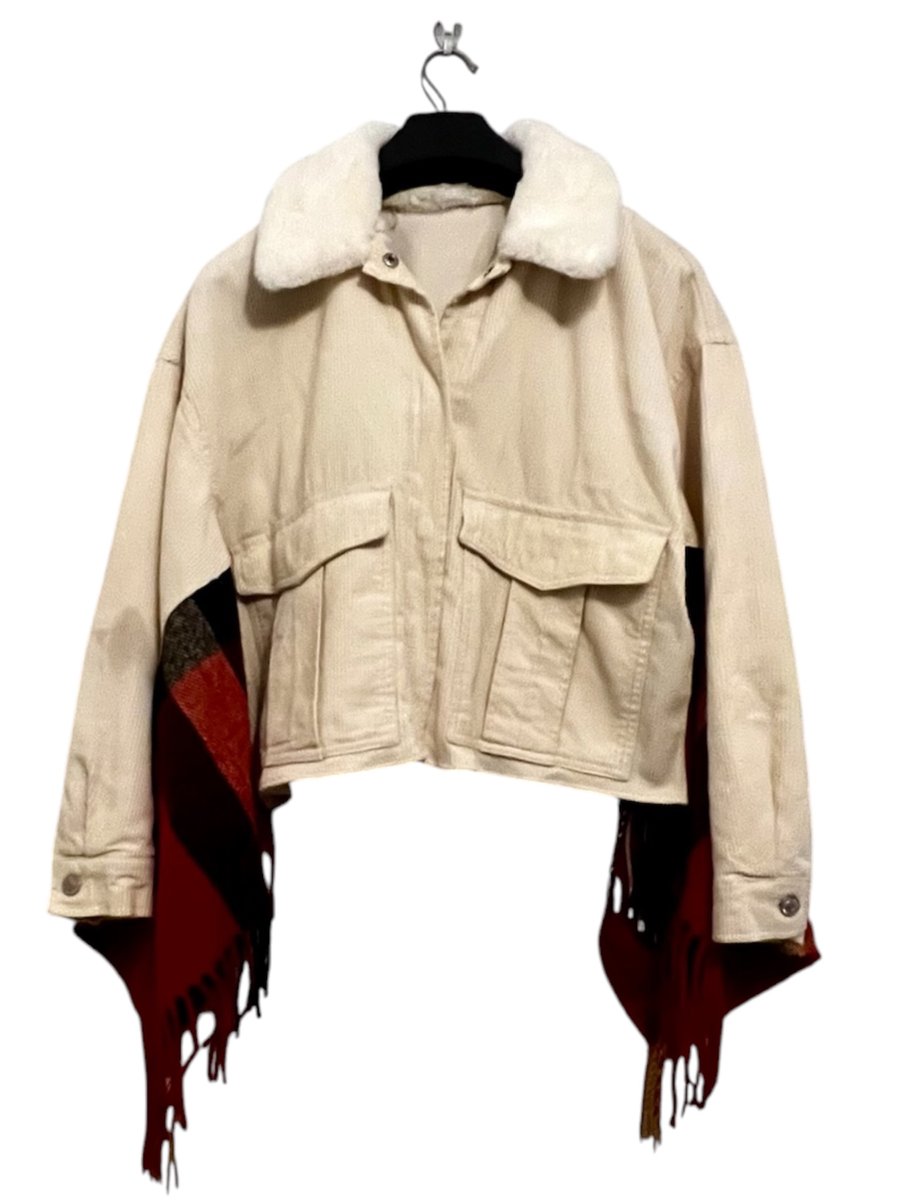 Upcycled Cream Corduroy & Red Plaid Winter Cape Kimono with Faux Fur Collar
