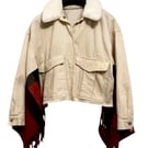 Upcycled Cream Corduroy & Red Plaid Winter Cape Kimono with Faux Fur Collar