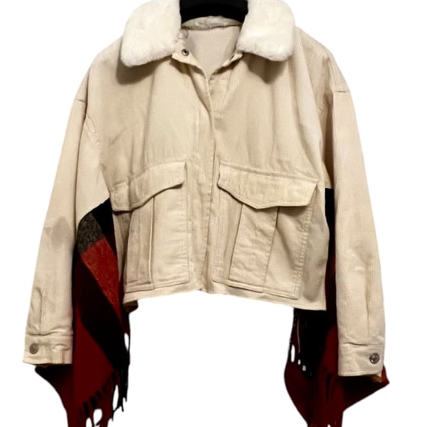 Upcycled Cream Corduroy & Red Plaid Winter Cape Kimono with Faux Fur Collar