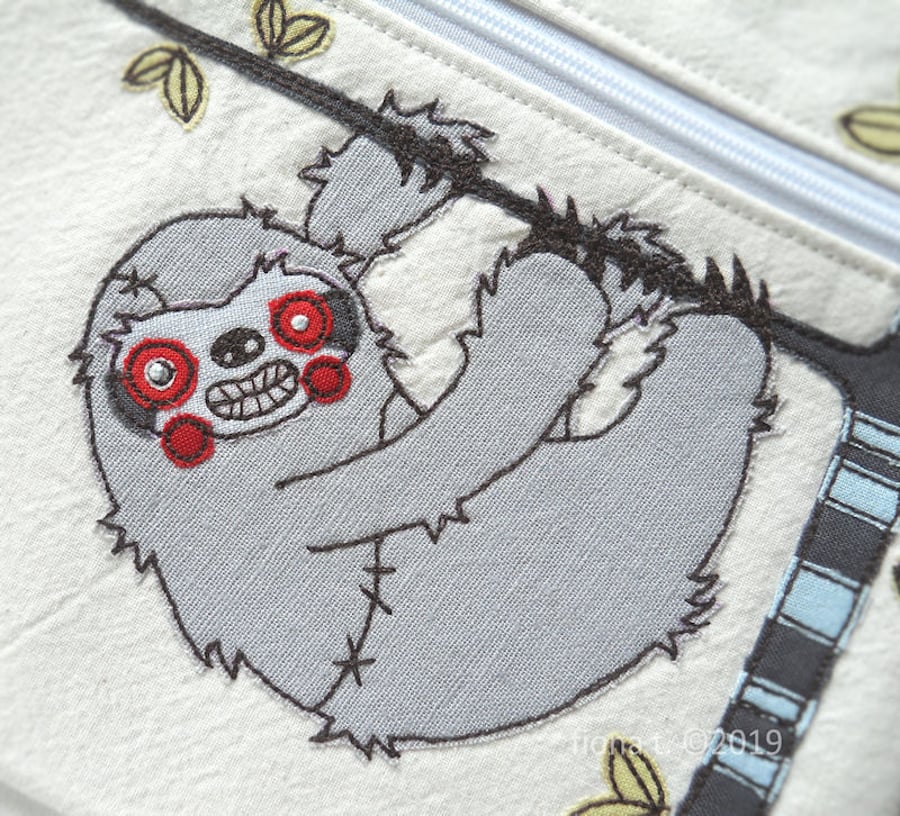 large freehand embroidered zombie sloth fabric pencil case