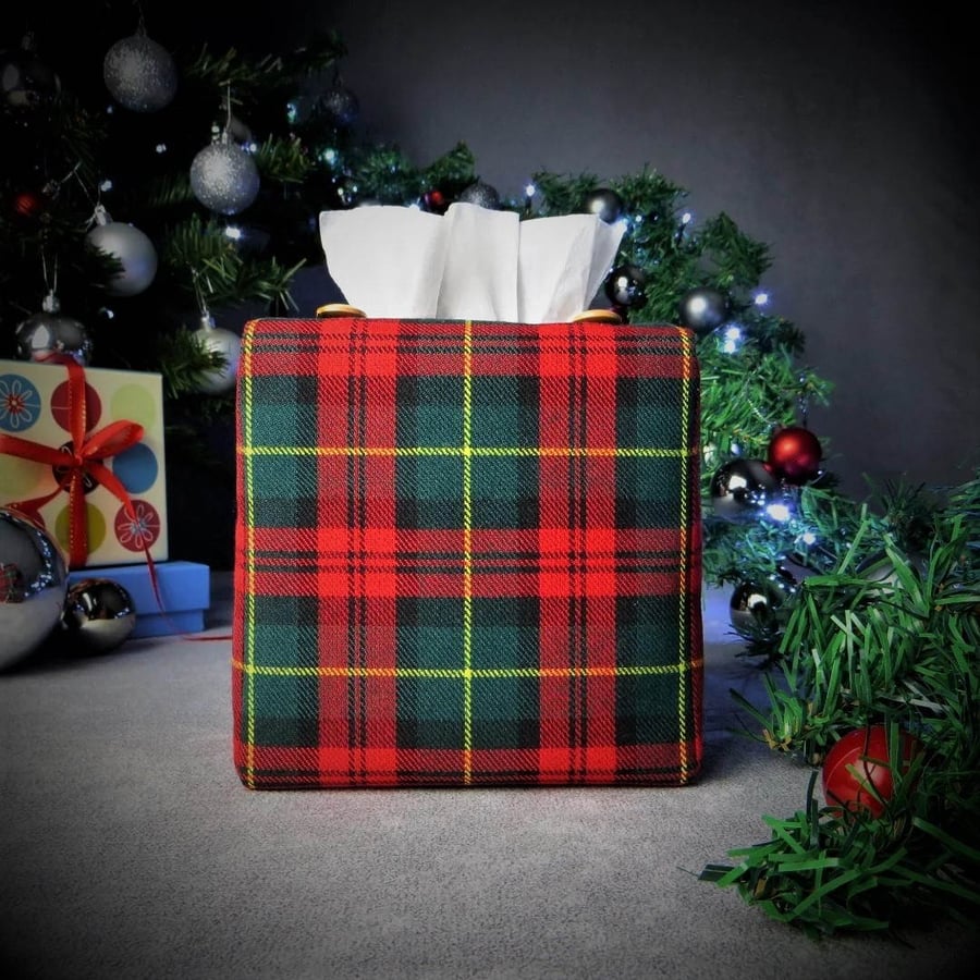 Square Tissue Box Cover Size B - Red and Green Tartan Christmas Design