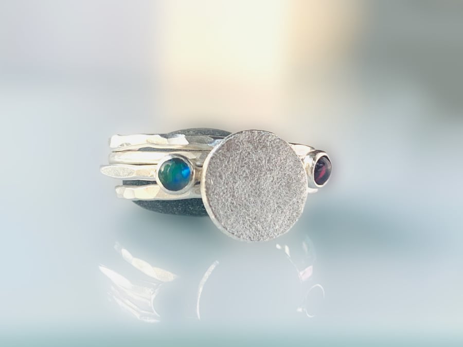 Recycled HANDMADE Sterling Silver Garnet and Opal Skinny Textured Ring Stack