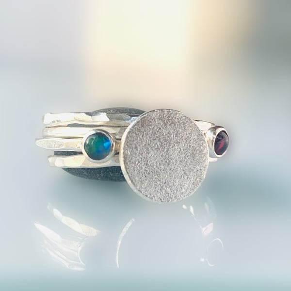 Recycled Sterling Silver Garnet and Opal Skinny Textured Ring Stack