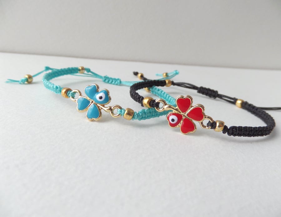 Four Leaf Clover Bracelet, Lucky charm, Gold evil eye, protection Bracelet.