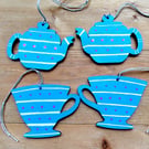 Teapot and teacup wooden wall hangings, striped bright blue for kitchen decor