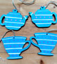 Teapot and teacup wooden wall hangings, striped bright blue for kitchen decor