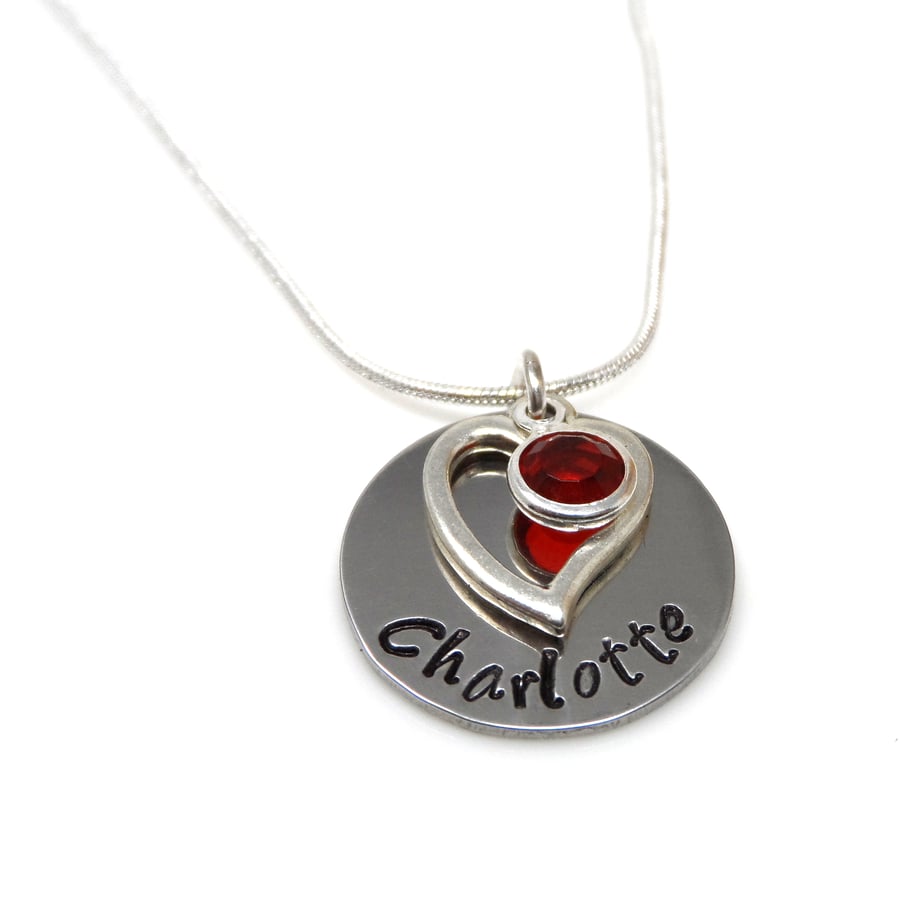 Personalised Necklace with Love Heart Charm and Birthstone - Free Delivery