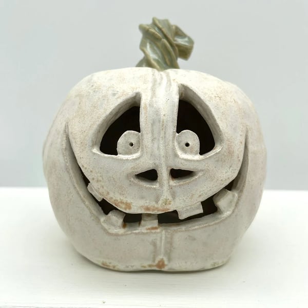 Carved Ceramic Pumpkin Halloween Decoration Tealight Lantern - Walter