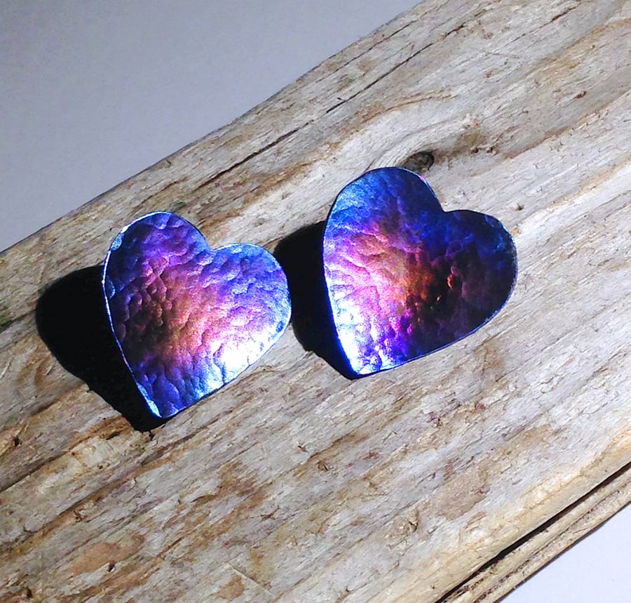 Coloured Titanium and Sterling Silver Heart Stud Earrings - UK Free Post
