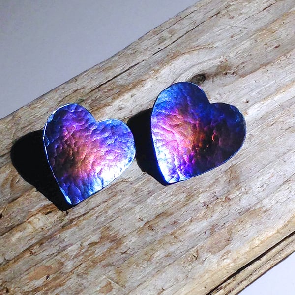 Coloured Titanium and Sterling Silver Heart Stud Earrings - UK Free Post