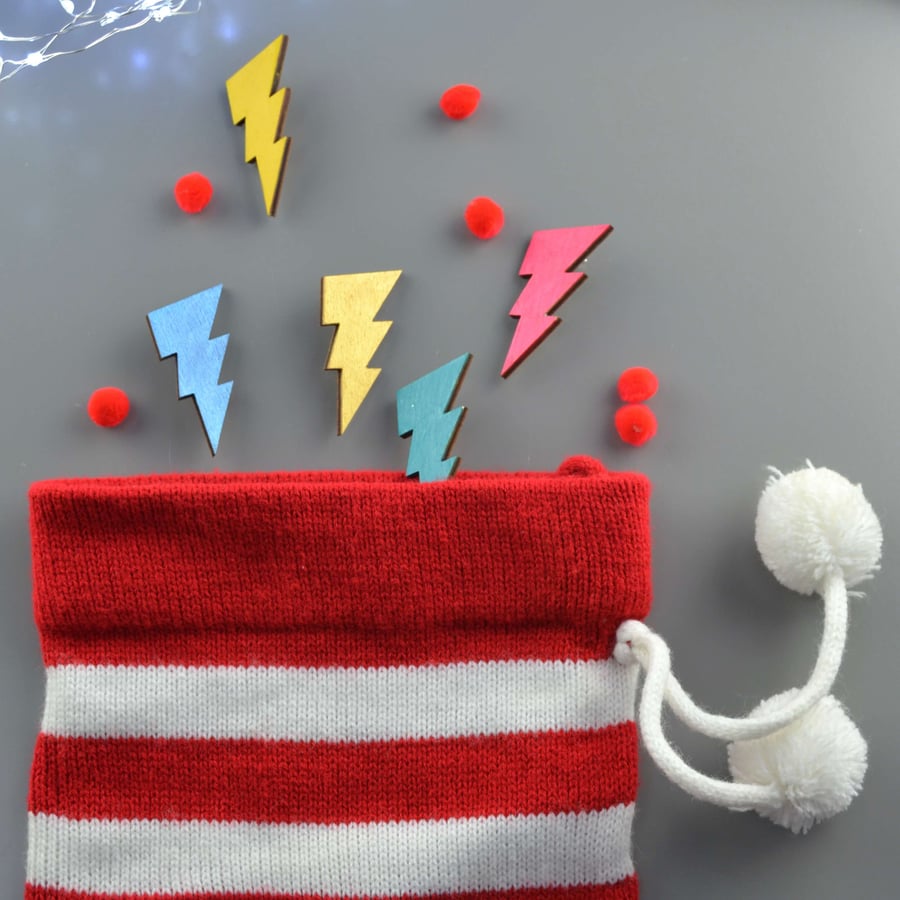 Colourful Wooden Lightning Bolt Brooch