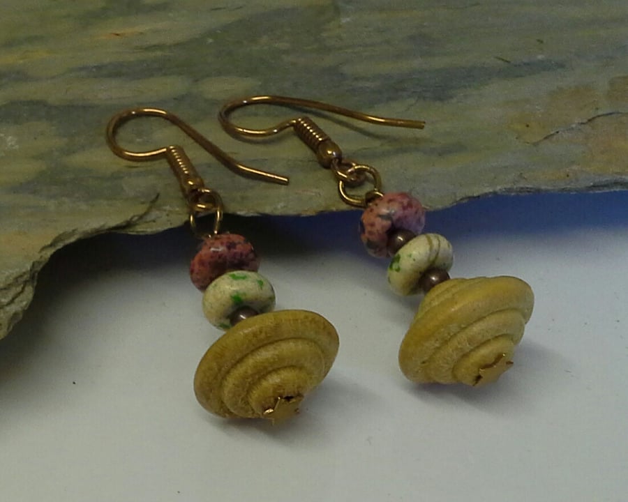 Howlite & Hand Carved Wood Tribal  Earings