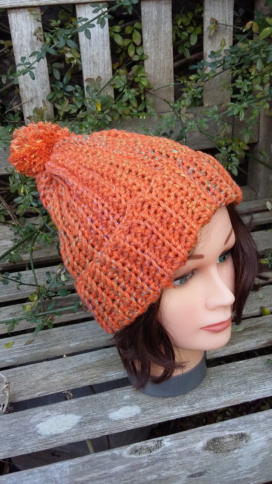 Crochet Rib Effect bobble hat in orange mottly yarn Seconds Sunday