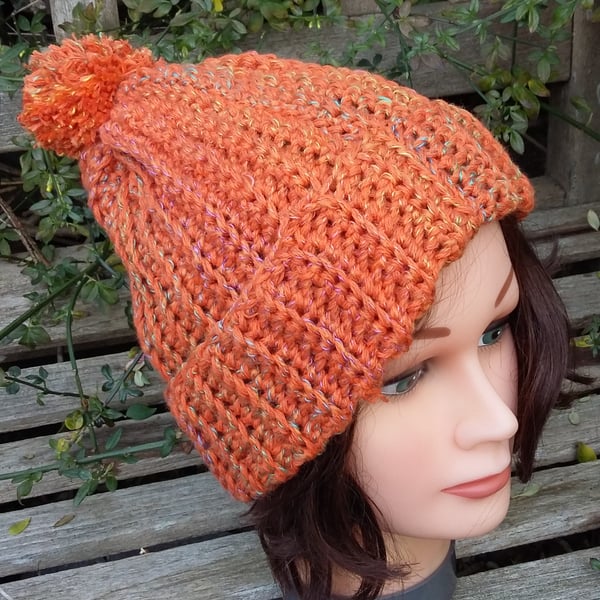 Crochet Rib Effect bobble hat in orange mottly yarn Seconds Sunday