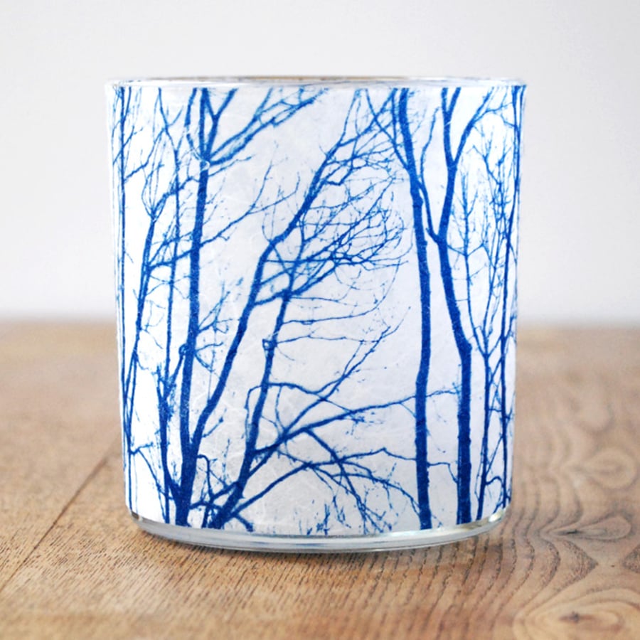 Winter Tree Branches Cyanotype candle holder 