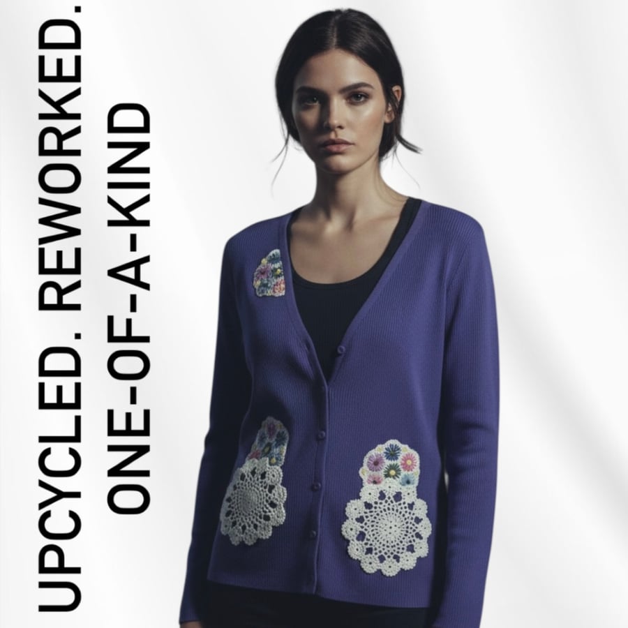 Purple Cardigan with Crochet Doilies & Embroidered Flowers – Size XL