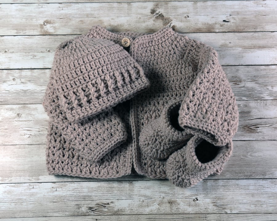 Beige Baby Cardigan, Hat, and Booties, Neutral Shade 
