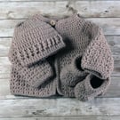 Beige Baby Cardigan, Hat, and Booties, Neutral Shade 