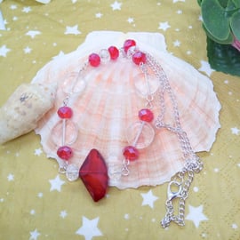 Red and Clear Beads and Silver Plated Chain Necklace, Red Beaded Necklace