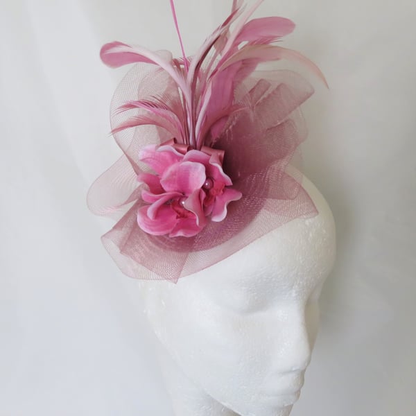 Rose Pink and Pale Plum Vintage Style Feather Orchid Flower Fascinator Hat 