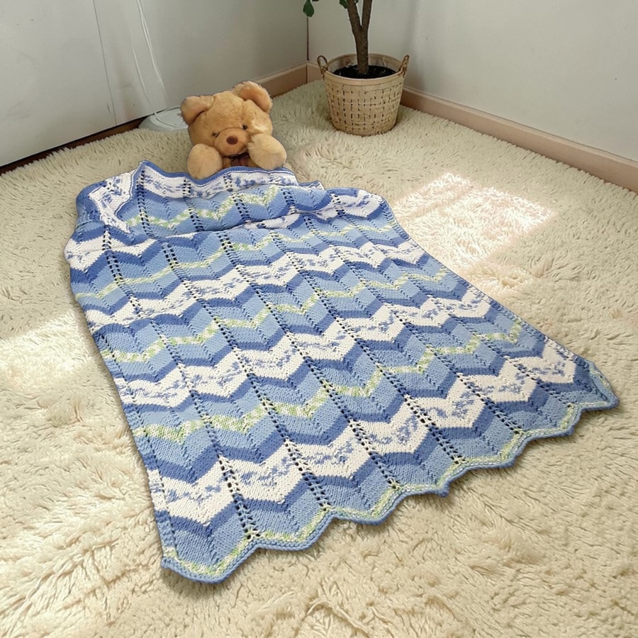 Hand knitted baby pram blanket - blue chevron - baby Afghan 