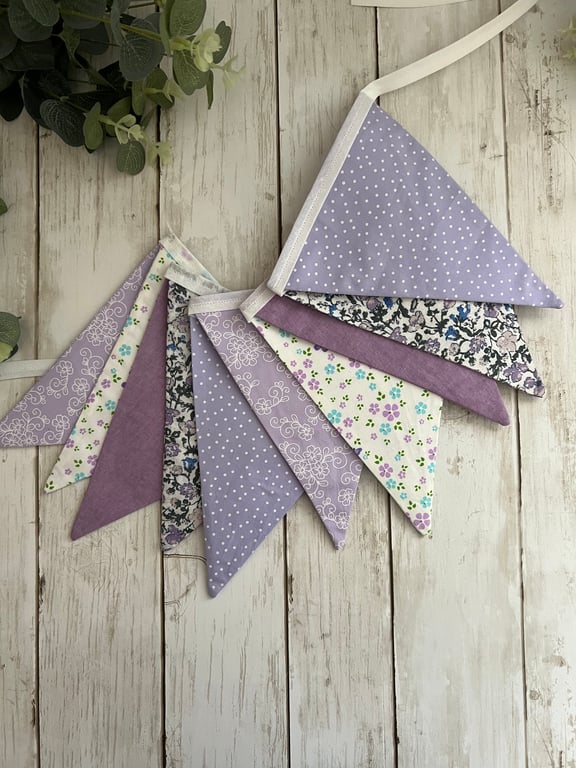 Handmade Fabric Bunting 10 Flags in Lavender & White Floral and Patterned Design