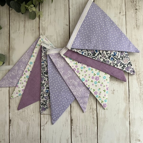 Handmade Fabric Bunting 10 Flags in Lavender & White Floral and Patterned Design
