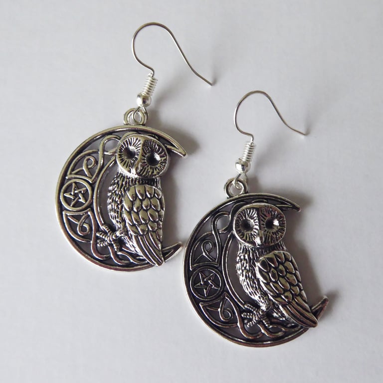 Moon and Owl Earrings with Silver Plated Ear Wires