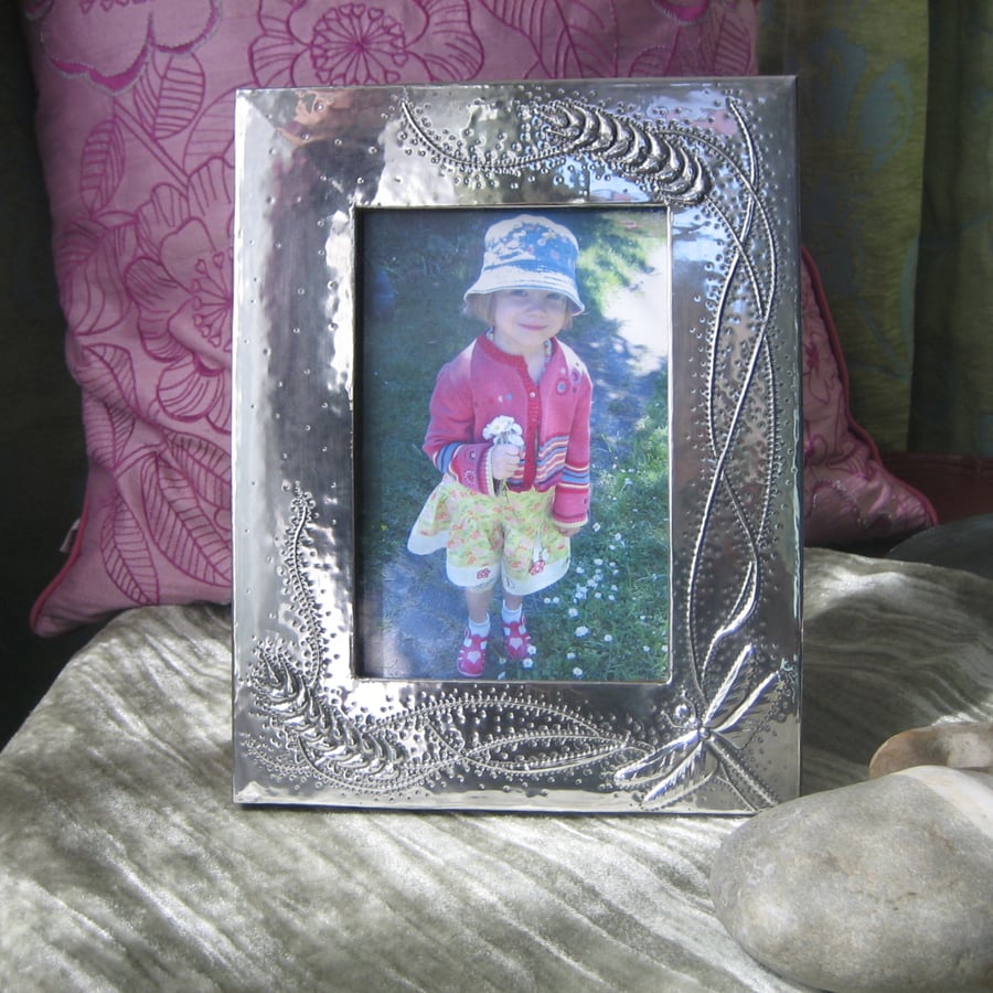 Sale! Handmade Silver Pewter Frame, Dragonfly Harvest Design