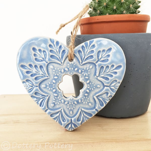 Ceramic heart hanging decoration Pottery Heart Folk art love heart Baby Blue