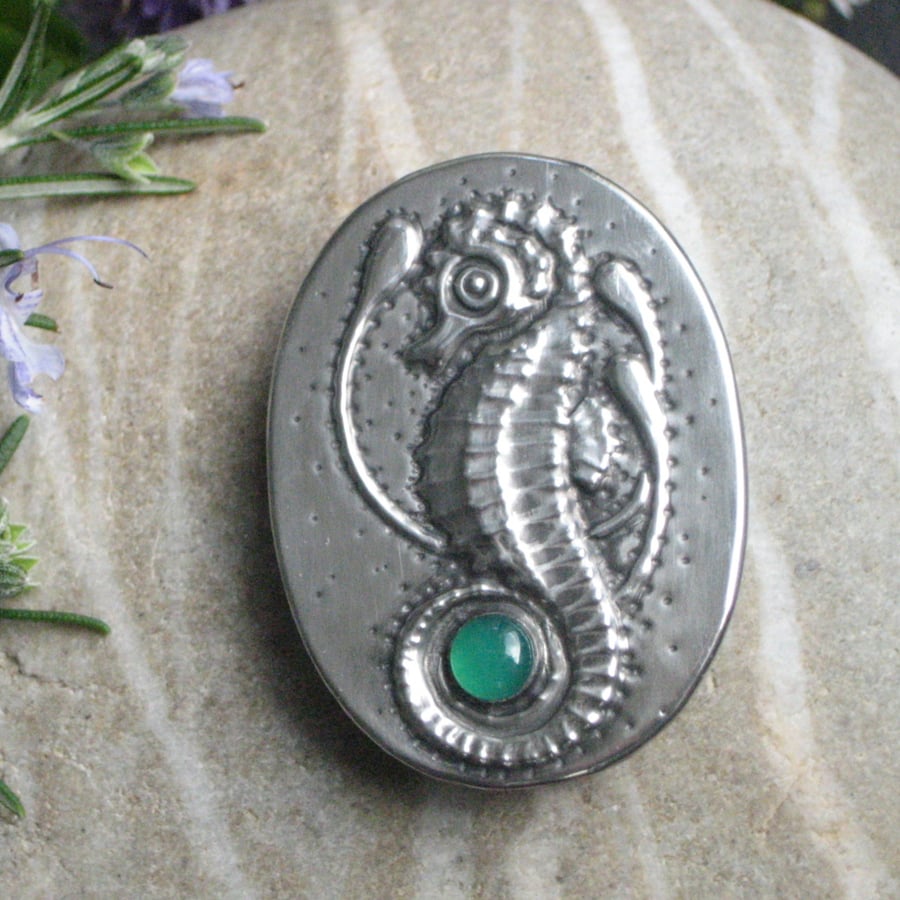  Silver Pewter Seahorse Brooch with Green Agate