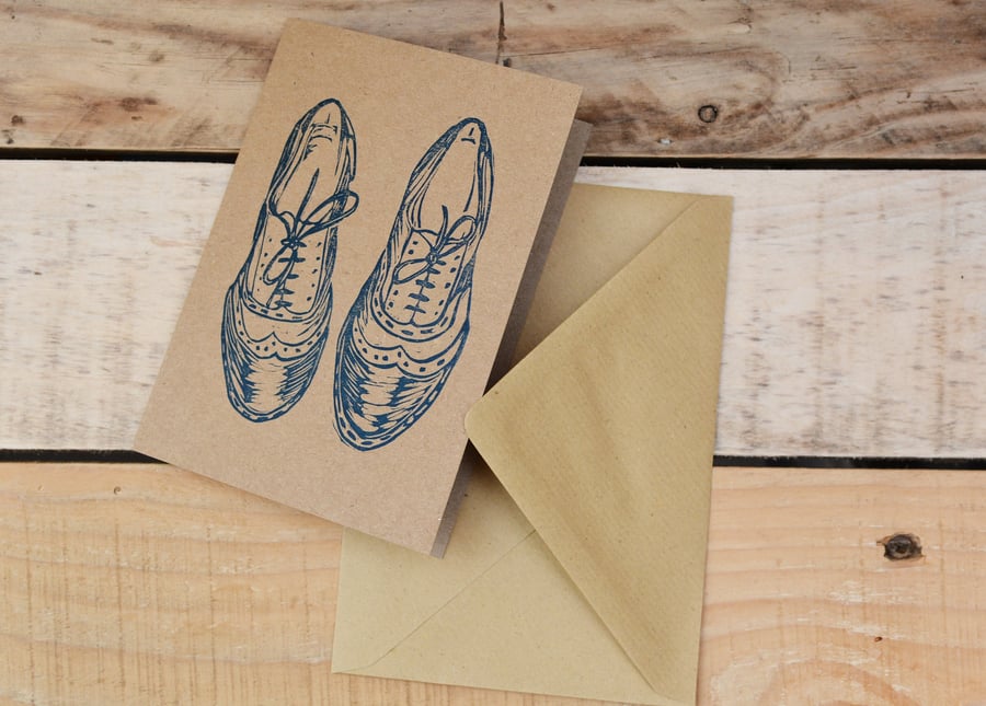 Brogues shoes greeting card , Linoprinted, recycled card.