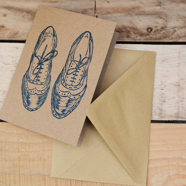 Brogues shoes greeting card , Linoprinted, recycled card.