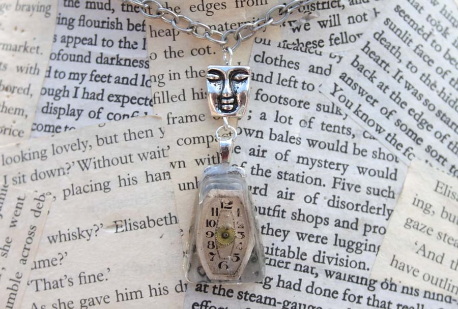 Steampunk Resin Face Charm Silver Necklace