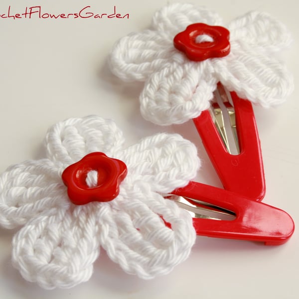 Set of 2 hair clips with crochet flowers RED WHITE