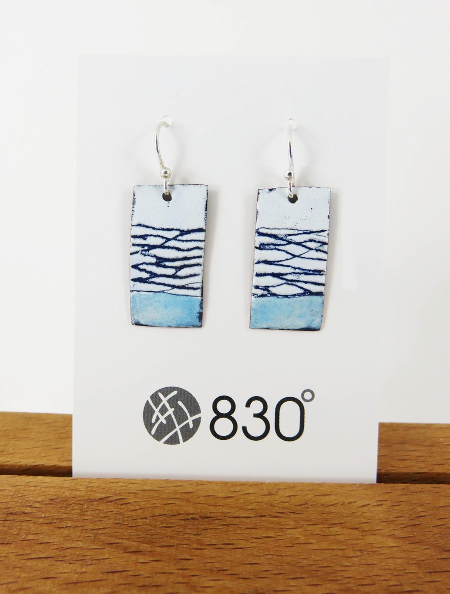 Rectangle Enamel Blue and White Dangle Earrings with Hand Drawn Pattern