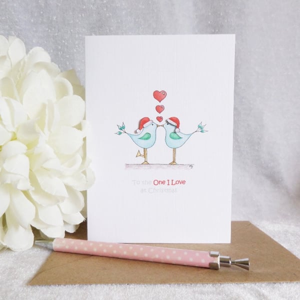 To the One I Love at Christmas - Little Blue Love Birds Christmas Card 