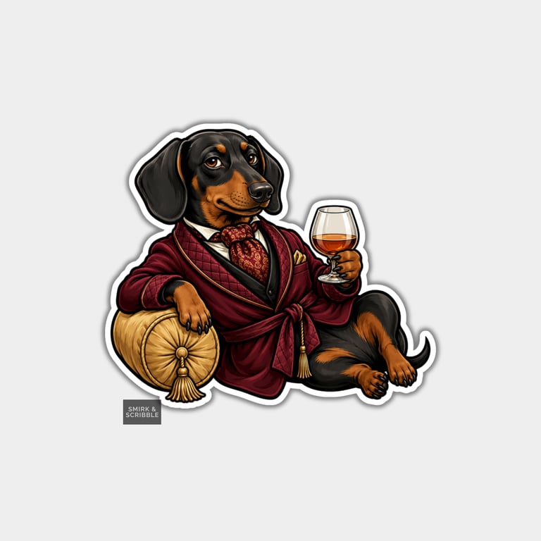 Funny Vinyl Die Cut Sticker For Adults - Posh Dachshund In Robe