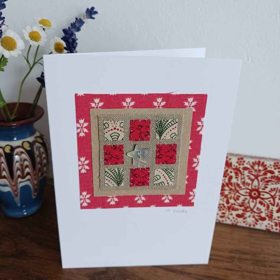 Patchwork Christmas hand stitched card with start button - CLEARANCE
