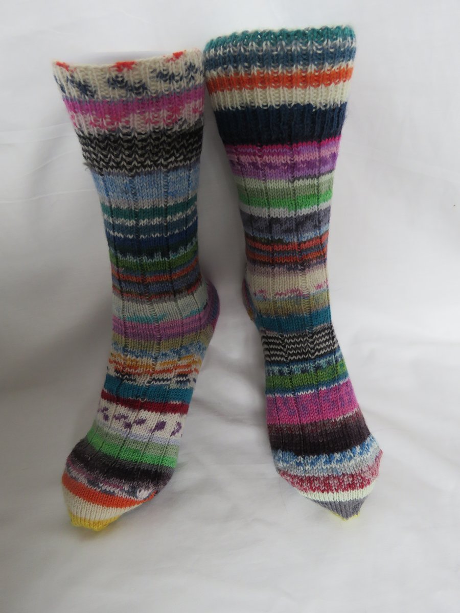 Hand-cranked Frankensox Knitted Ribbed Wool Socks Size 6 to 7